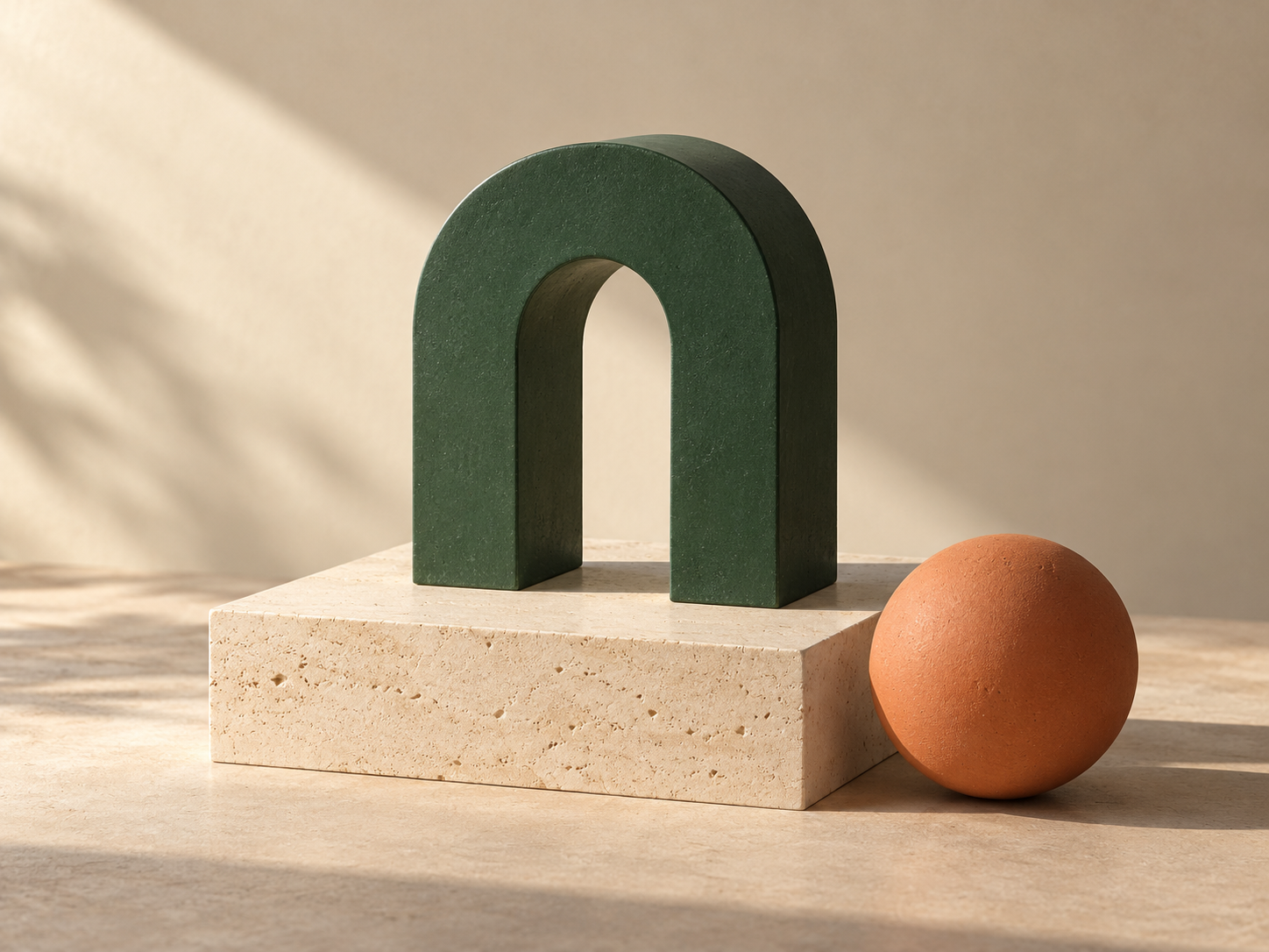 ARC object concept: an architectural green arch and a rounded terracotta form