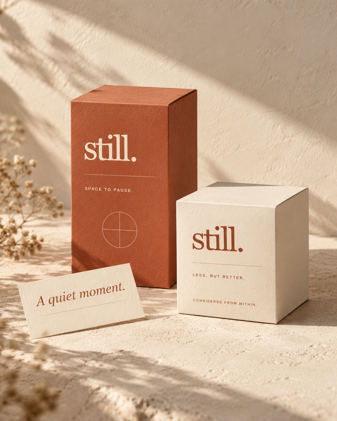 STILL concept packaging: sculptural terracotta and cream boxes with a minimal wordmark